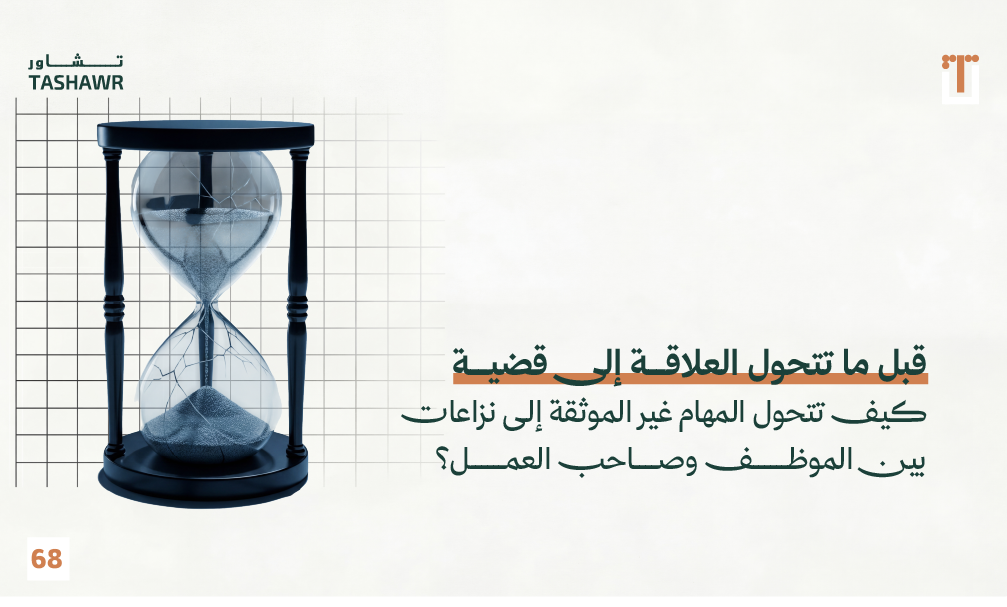 ساعة رملية تمثل الوقت والتوثيق في النزاعات العمالية، ترمز إلى أهمية التوثيق المبكر للمهام بين الموظف وصاحب العمل في السعودية